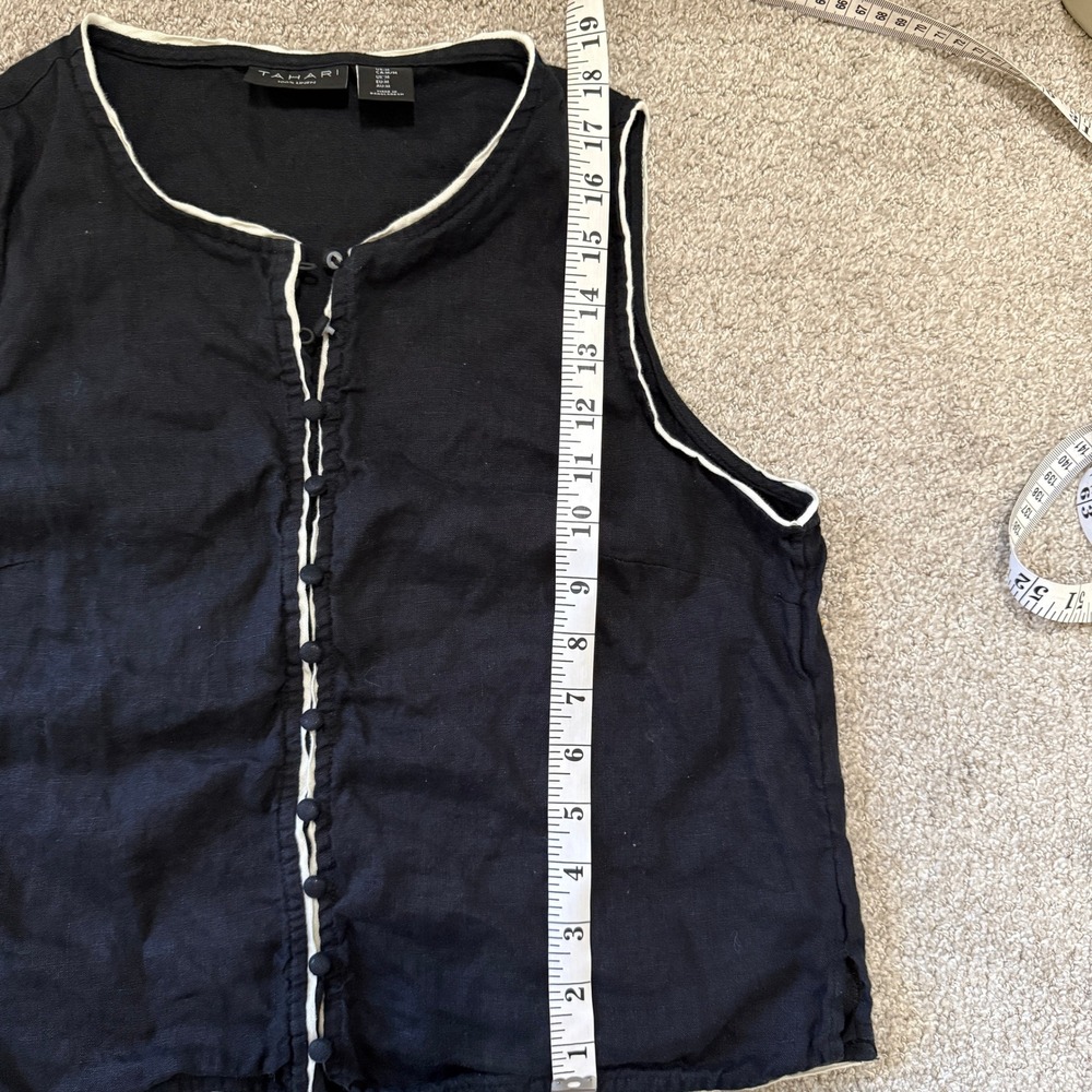 Tahari Black 100% Linen Button Front Vest Top Medium Minimal Elegant Old Money - Picture 9 of 9